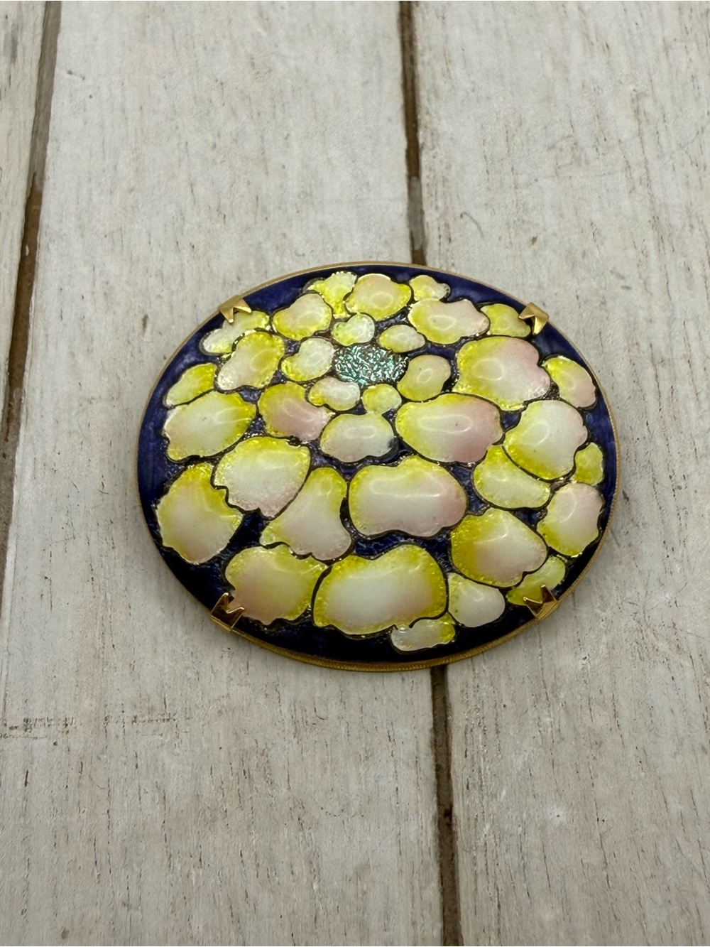 Vintage Enamel Floral Bubble Brooch in Navy, Yellow, and Pearl